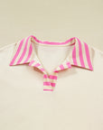 Pink Stripe Contrast Polo Collar Drop Shoulder Patchwork Plus Size Pullover