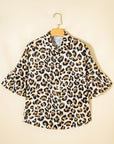 Leopard Ruffle Trim 3/4 Sleeve Buttoned Shirt