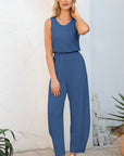 Solid Pleated Detail Sleeveless Elastic Waist Jumpsuit