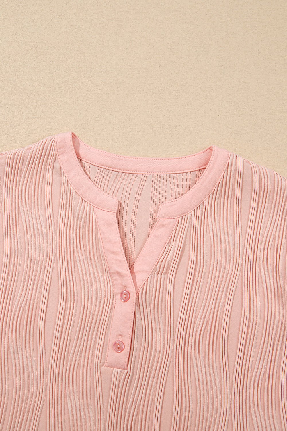 Wavy Textured Button V-Neck Casual Tee