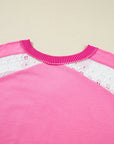 Bonbon Lace Striped Patchwork Long Sleeve Corded V Neck Plus Size Top