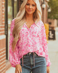Floral Puff Sleeve Split Neck Lightweight Blouse