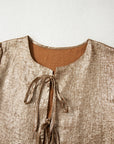 Metallic Tied Front Long Sleeve Babydoll Blouse