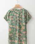 Floral Pleated Button V-Neck Short Sleeve Blouse