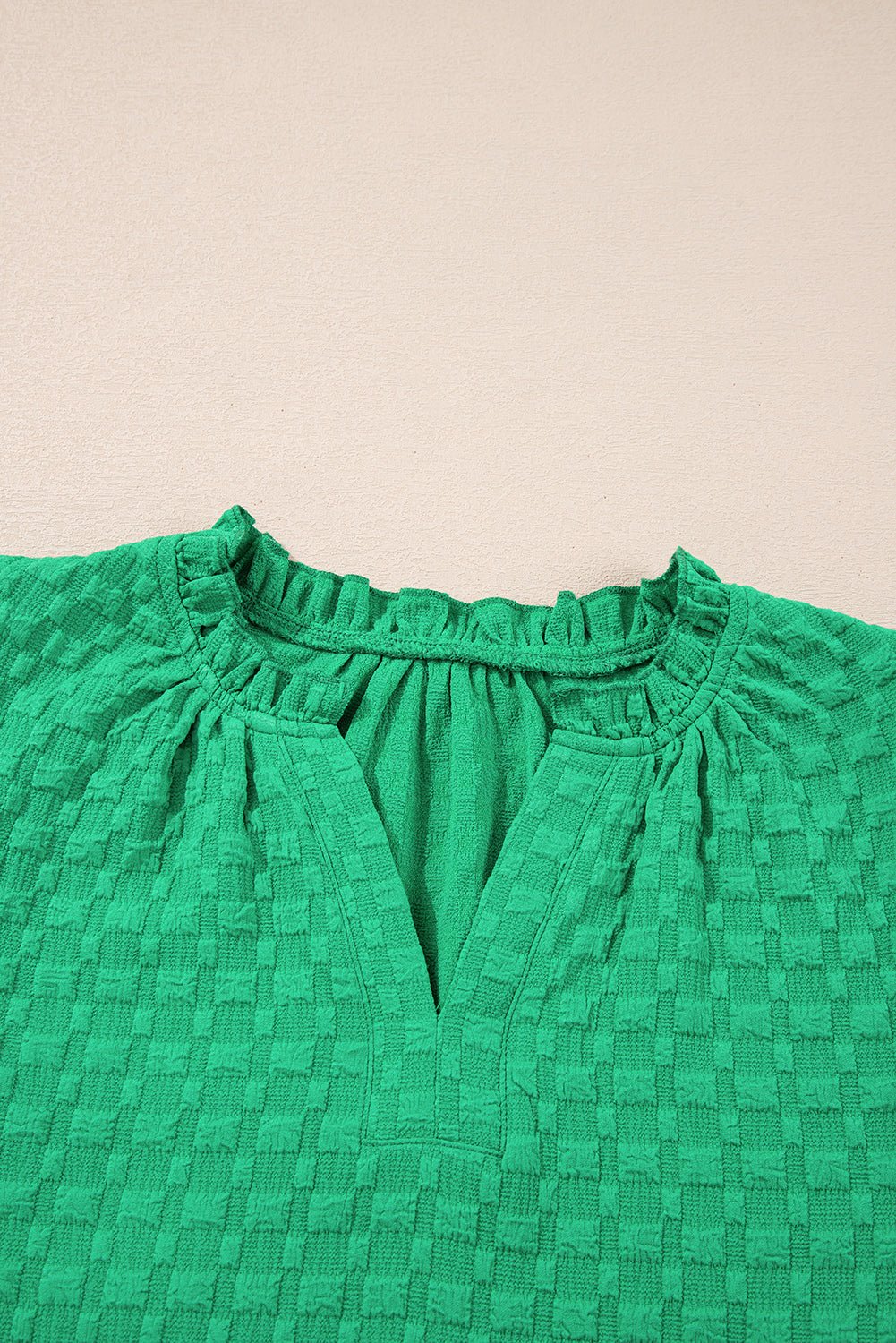 Textured Short Puff Sleeve Notch V-Neck Top