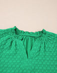 Textured Short Puff Sleeve Notch V-Neck Top