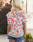 Floral Stripe Detail Split Neck Short Sleeve Blouse