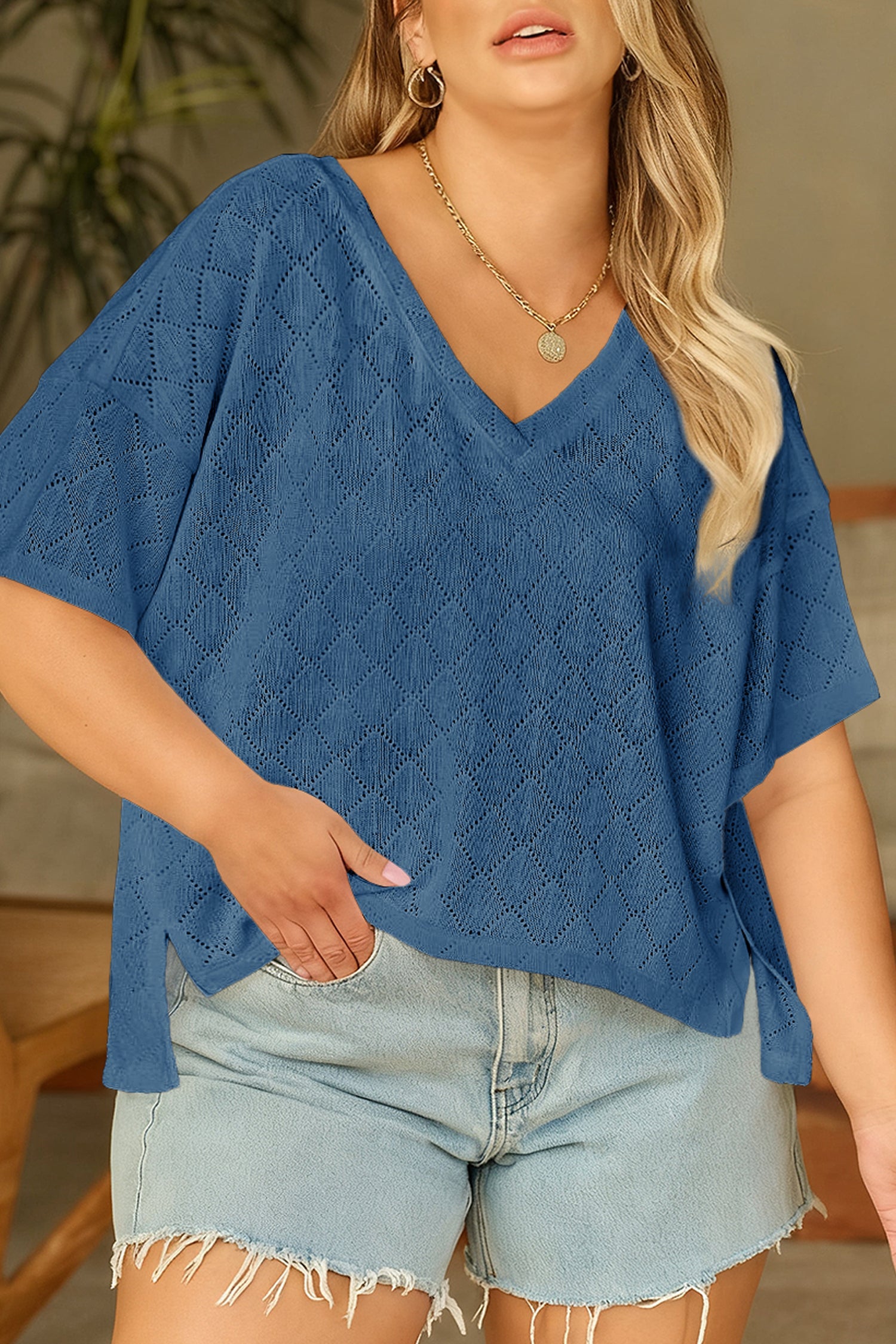 Plus Size Rhombus Pointelle Knit V-Neck Top
