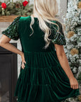 Velvet Sequin Puff Sleeve Tiered Mini Dress