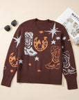 Brown Cowgirl Fashion Print Casual Sweater
