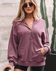 Solid Half-Zip Kangaroo Pocket Baggy Hoodie