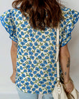 Flower Tiered Flutter Sleeve Pleated Blouse