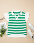 Stripe Collar V-Neck Ruffle Short Sleeve Blouse