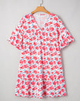Plus Size Floral Ruffle 3/4 Sleeve V-Neck Dress