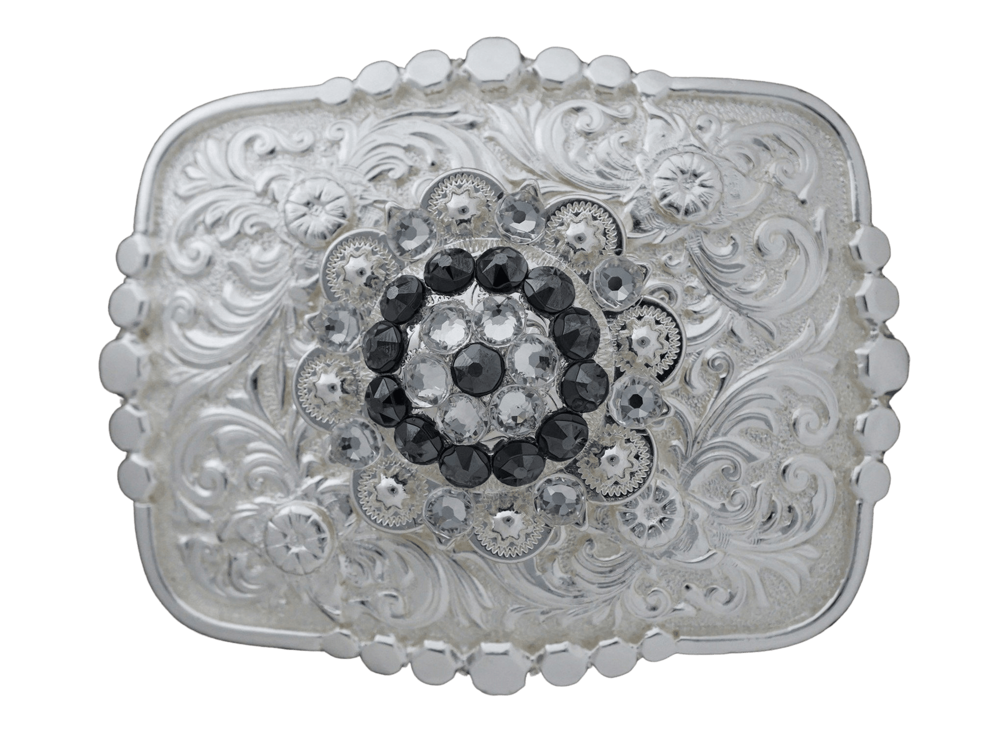 Bright Silver Belt Buckle with Jet &amp; Clear European Crystal Concho
