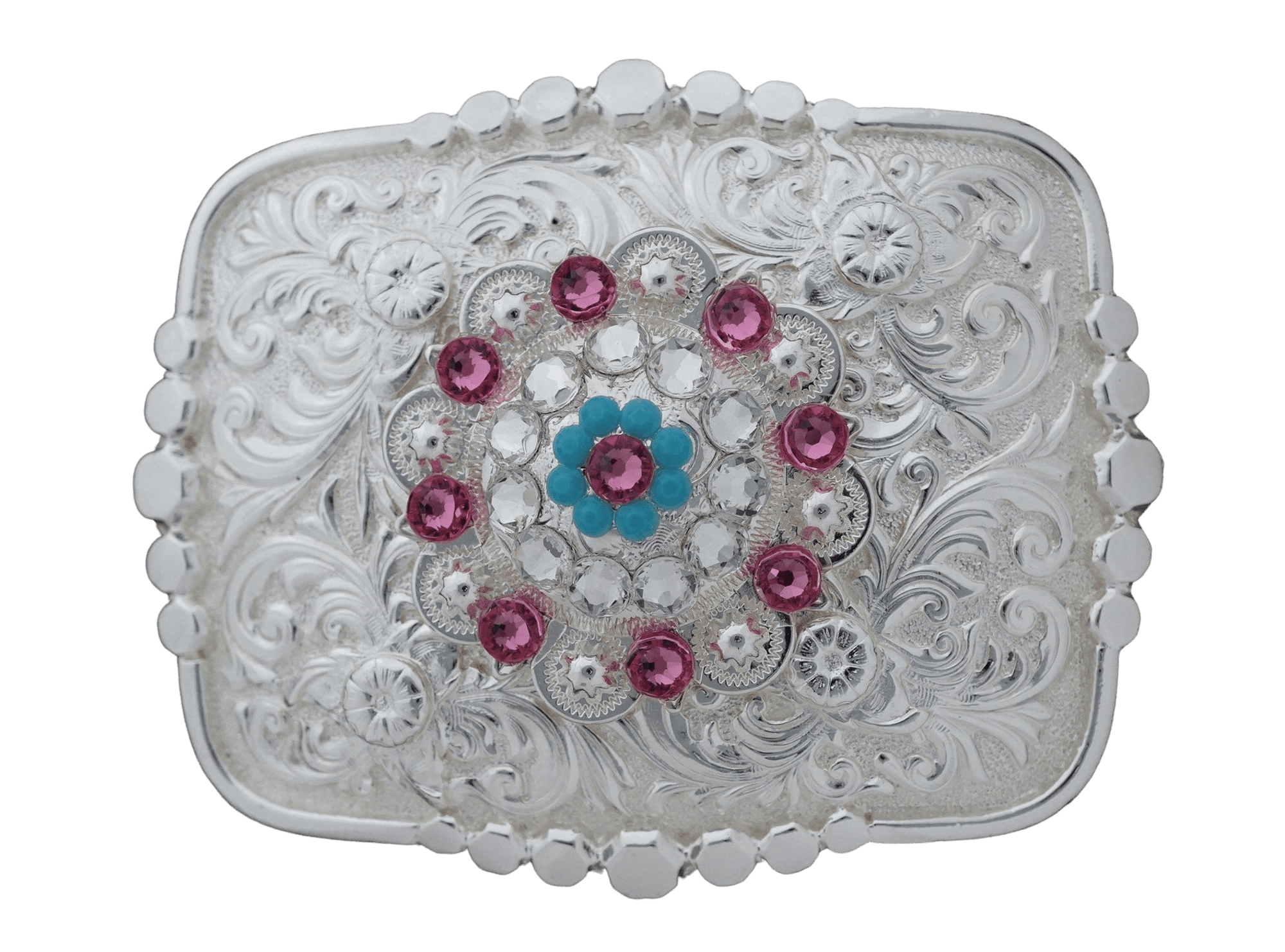 Bright Silver Belt Buckle With Pink, Turquoise &amp; Clear Concho