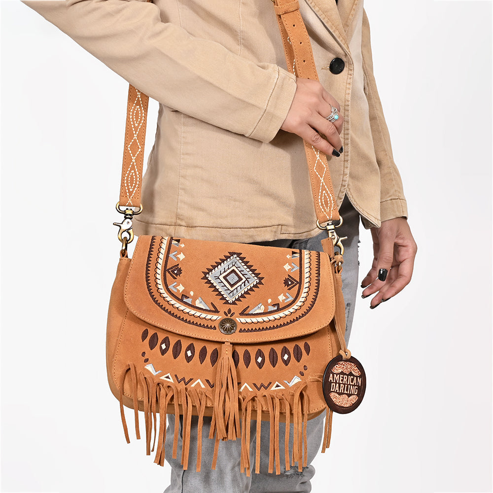 American Darling Boho Western Suede Crossbody Bag with Fringe &amp; Geometric Embroidery
