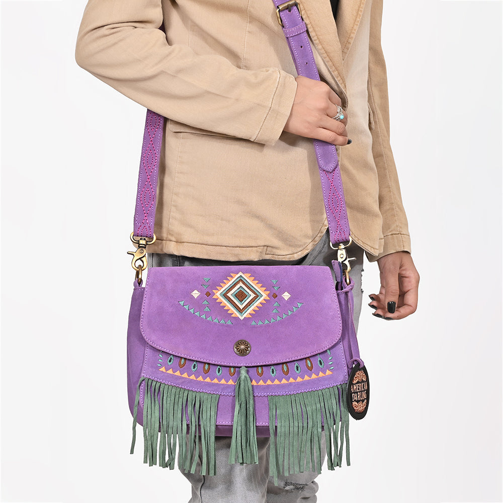 American Darling Boho Western Suede Crossbody Bag with Fringe &amp; Geometric Embroidery