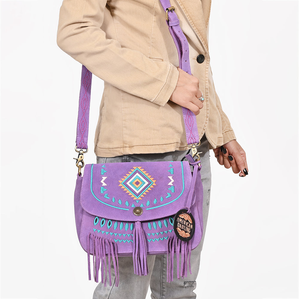 American Darling Boho Western Suede Crossbody Bag with Fringe &amp; Geometric Embroidery