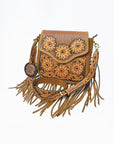 American Darling Sunflower Tooled Leather Fringe Crossbody Bag – Western Boho Handcrafted Purse