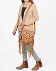 American Darling Sunflower Tooled Leather Fringe Crossbody Bag – Western Boho Handcrafted Purse