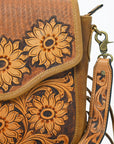 American Darling Sunflower Tooled Leather Fringe Crossbody Bag – Western Boho Handcrafted Purse