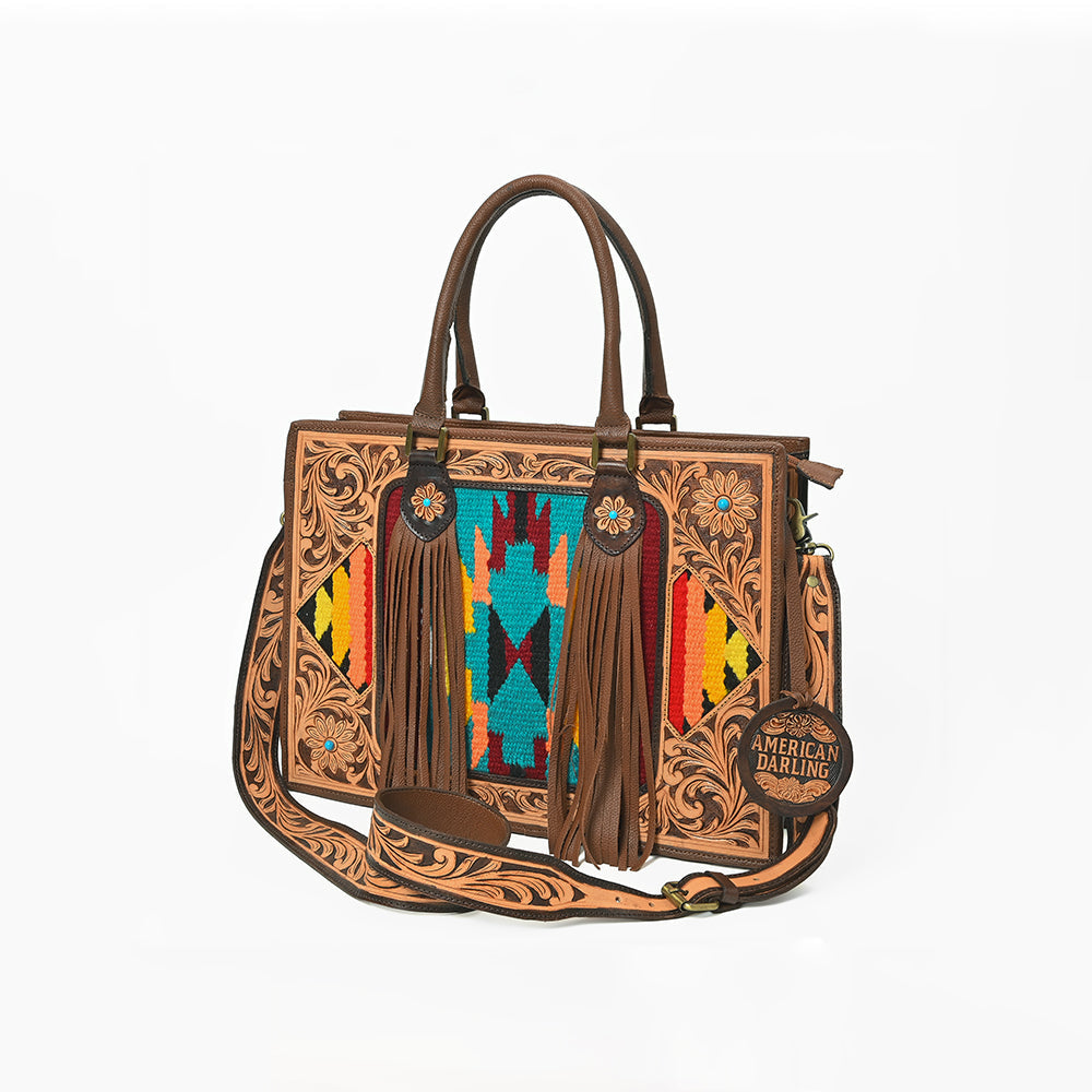 American Darling Western Hand-Tooled Leather Tote Bag with Fringe &amp; Tribal Accent Panel