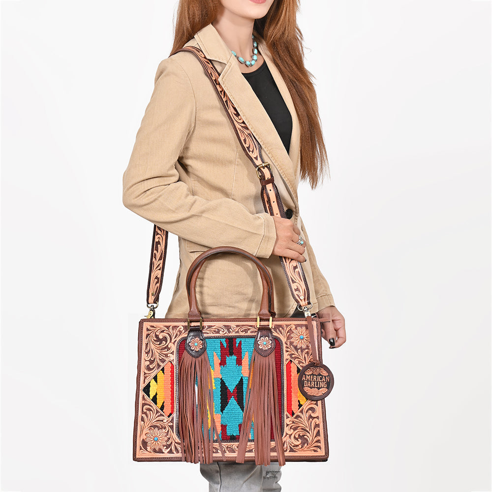 American Darling Western Hand-Tooled Leather Tote Bag with Fringe &amp; Tribal Accent Panel