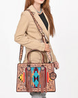 American Darling Western Hand-Tooled Leather Tote Bag with Fringe & Tribal Accent Panel