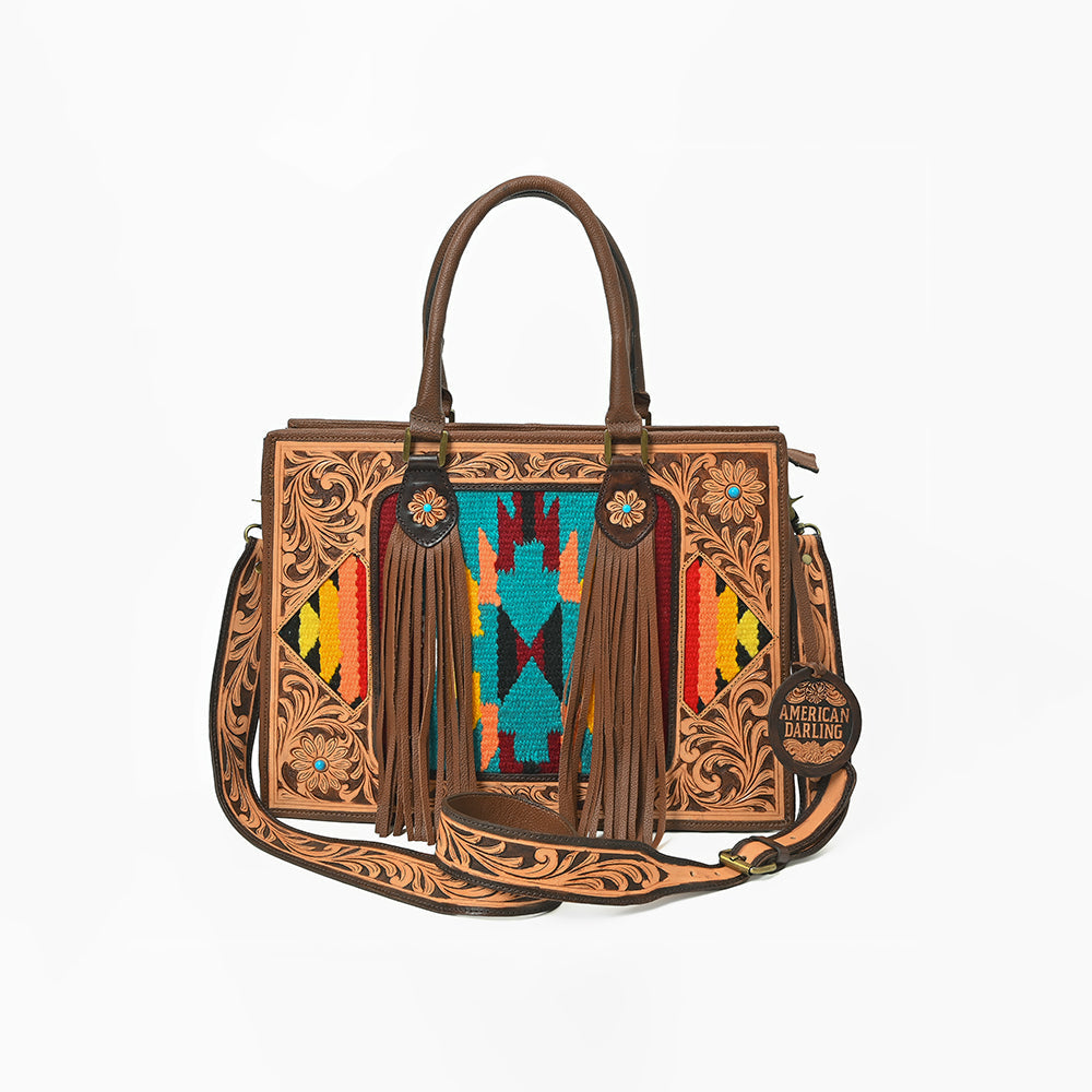 American Darling Western Hand-Tooled Leather Tote Bag with Fringe &amp; Tribal Accent Panel