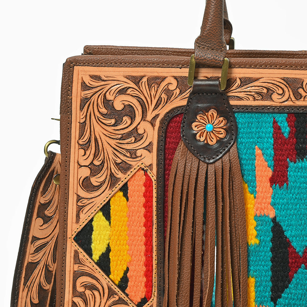American Darling Western Hand-Tooled Leather Tote Bag with Fringe &amp; Tribal Accent Panel