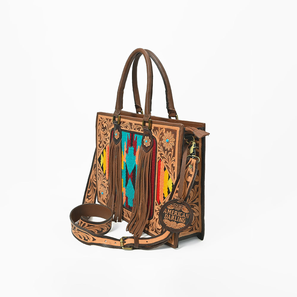 American Darling Western Hand-Tooled Leather Tote Bag with Fringe &amp; Tribal Accent Panel