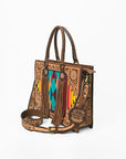 American Darling Western Hand-Tooled Leather Tote Bag with Fringe & Tribal Accent Panel