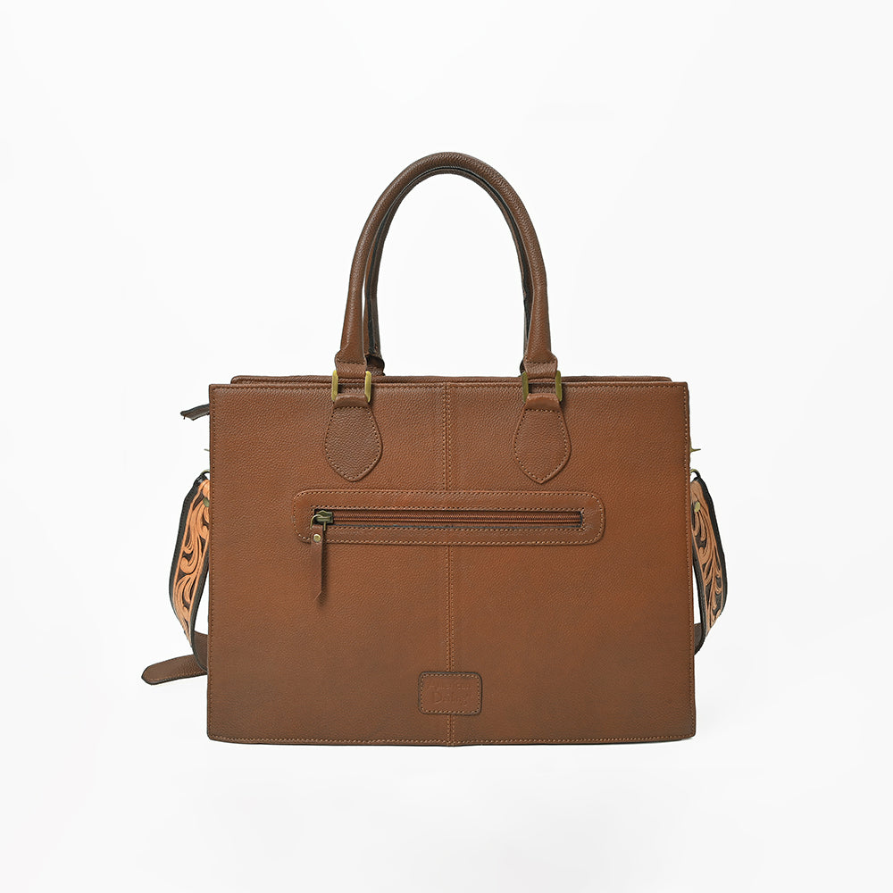 American Darling Western Hand-Tooled Leather Tote Bag with Fringe &amp; Tribal Accent Panel