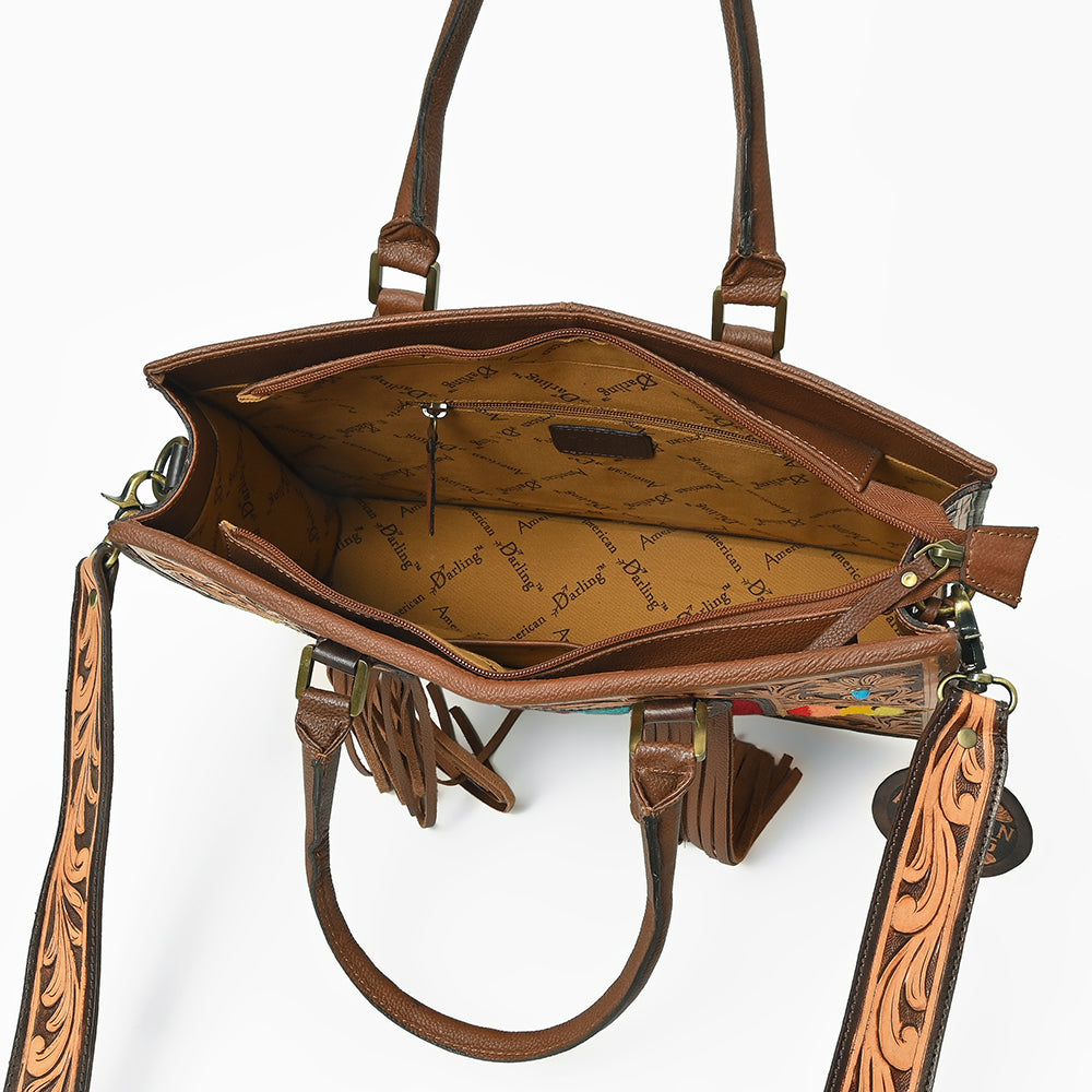 American Darling Western Hand-Tooled Leather Tote Bag with Fringe &amp; Tribal Accent Panel