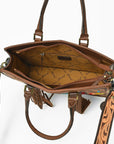 American Darling Western Hand-Tooled Leather Tote Bag with Fringe & Tribal Accent Panel