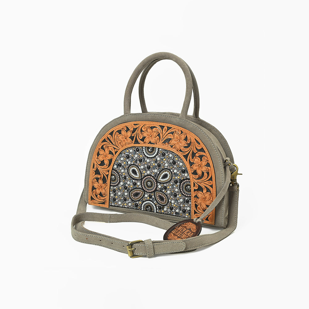 American Darling Western Leather Dome Satchel with Hand-Tooled Floral &amp; Embellished Panel