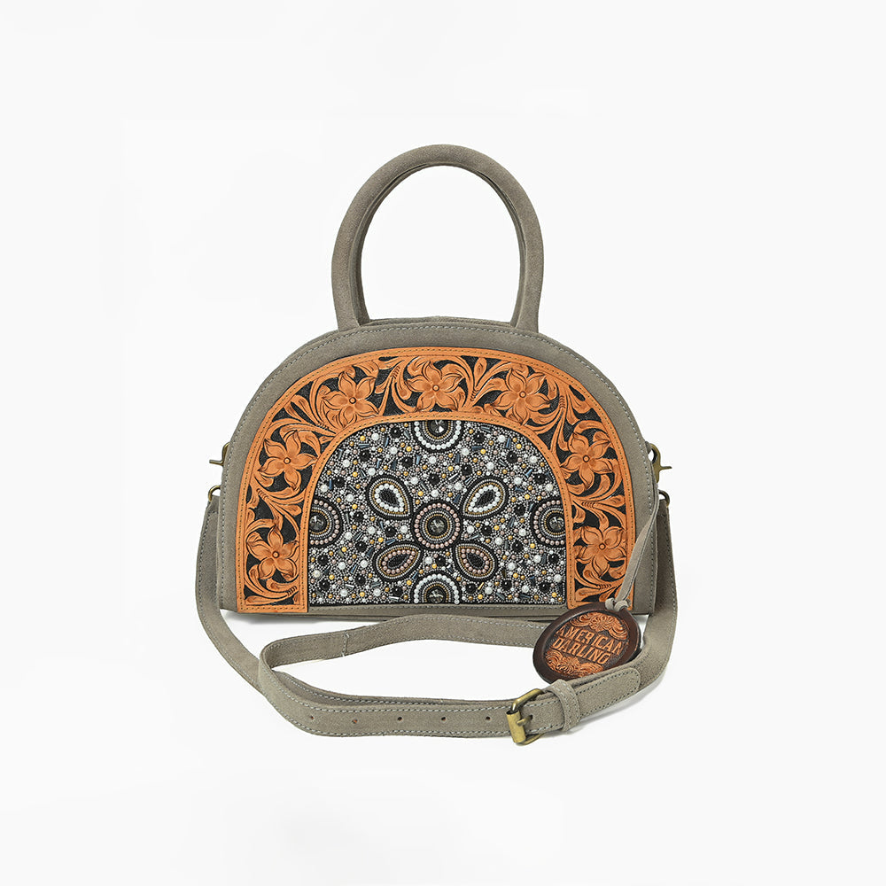 American Darling Western Leather Dome Satchel with Hand-Tooled Floral &amp; Embellished Panel