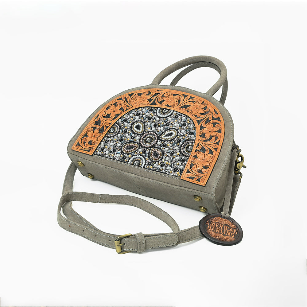 American Darling Western Leather Dome Satchel with Hand-Tooled Floral &amp; Embellished Panel