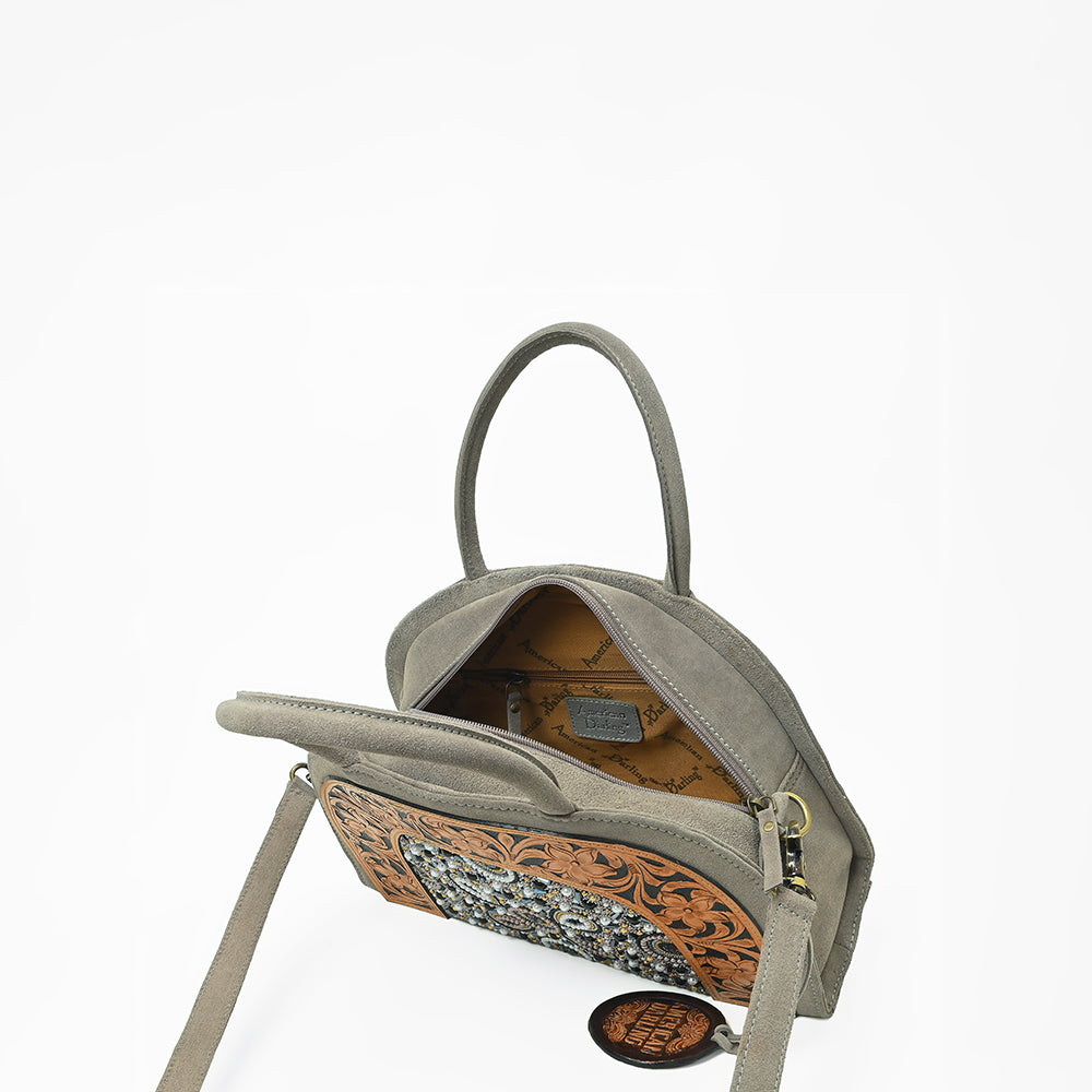 American Darling Western Leather Dome Satchel with Hand-Tooled Floral &amp; Embellished Panel