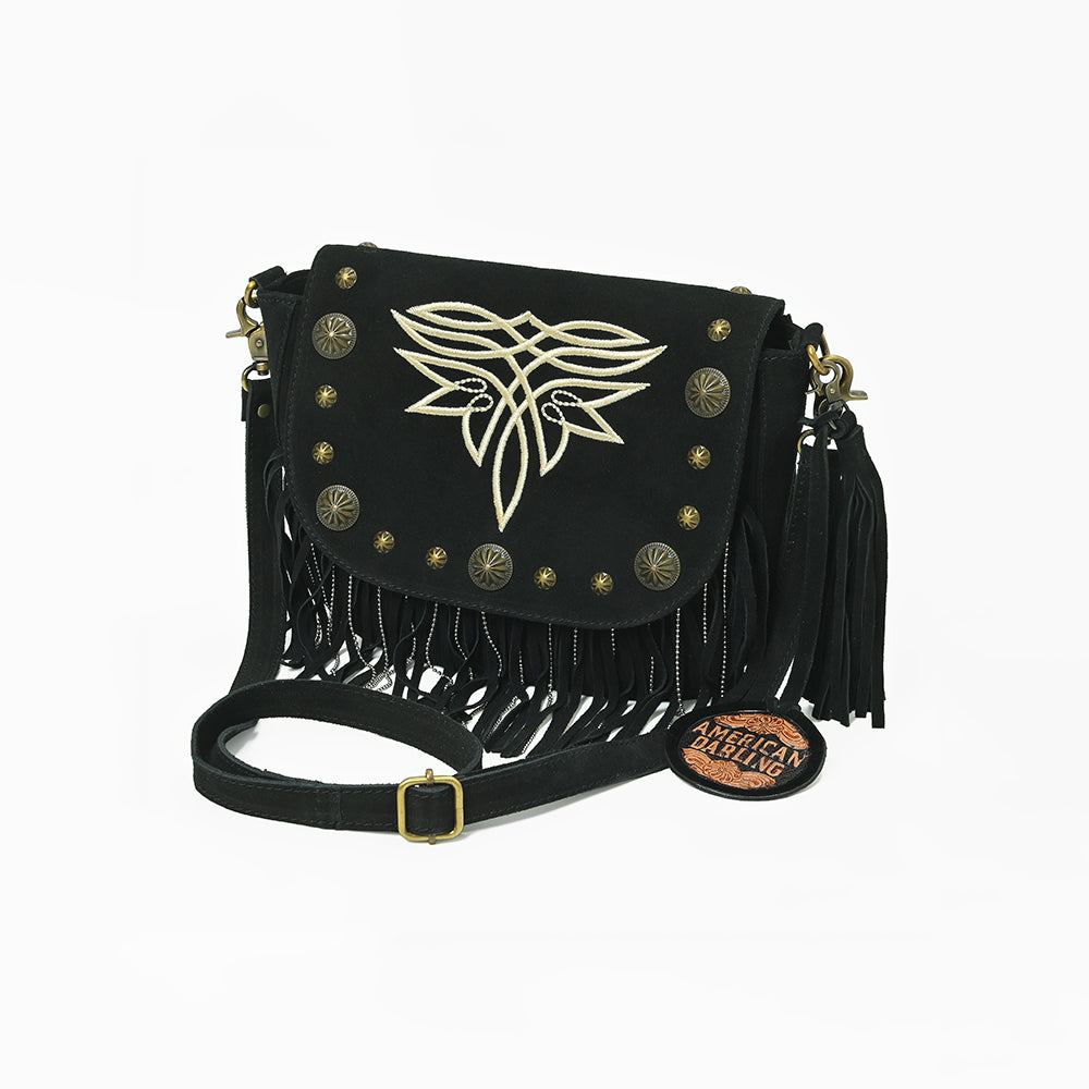 American Darling Genuine Suede Leather Cross body Bag - Fringe, Embroidery &amp; Concho Eco-Friendly Vegetable Tanned Purse