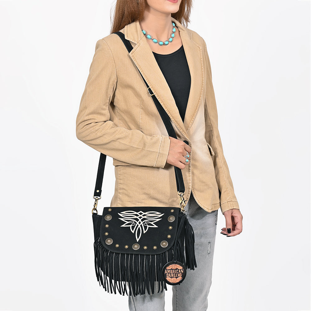 American Darling Genuine Suede Leather Cross body Bag - Fringe, Embroidery &amp; Concho Eco-Friendly Vegetable Tanned Purse