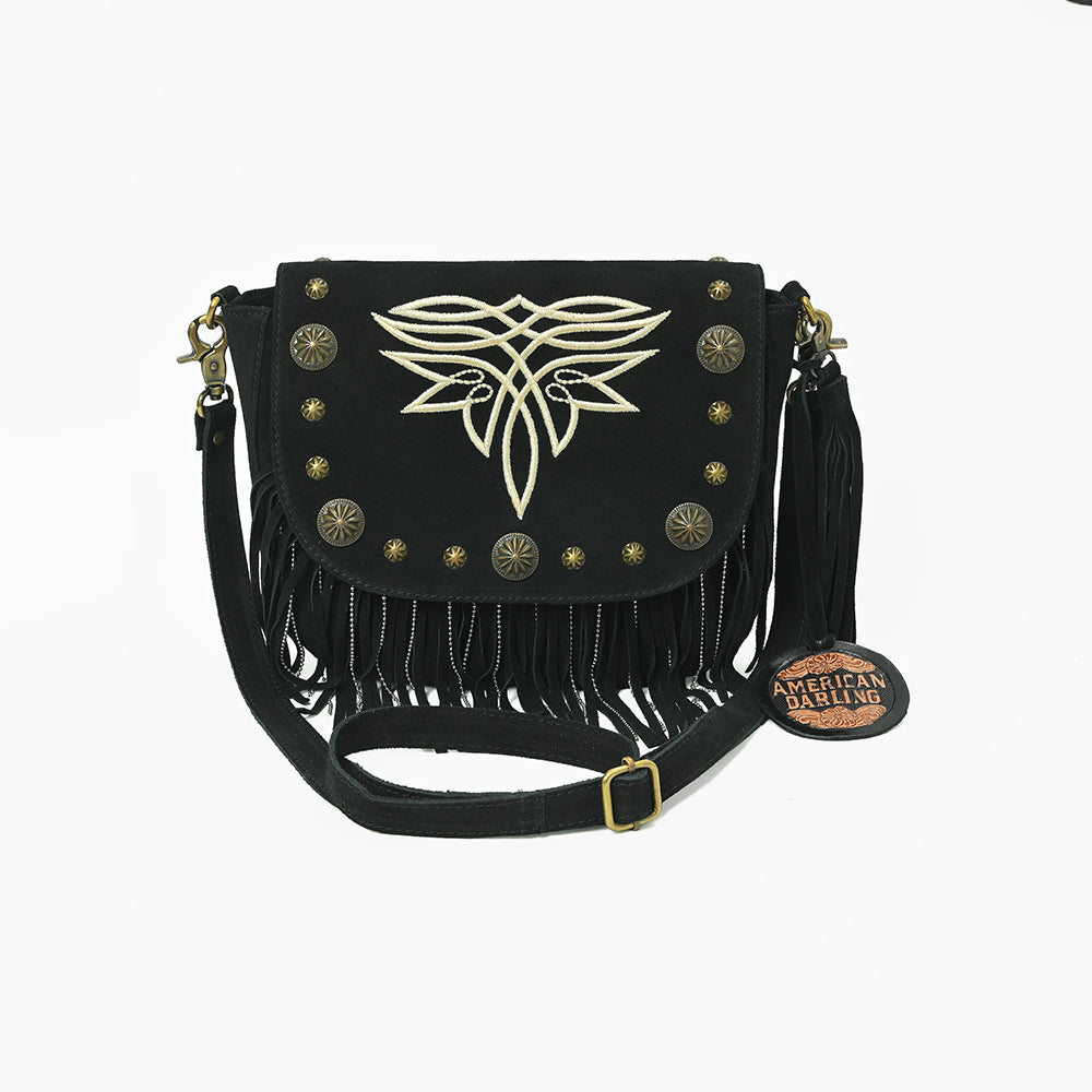 American Darling Genuine Suede Leather Cross body Bag - Fringe, Embroidery &amp; Concho Eco-Friendly Vegetable Tanned Purse
