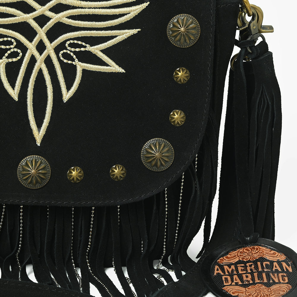 American Darling Genuine Suede Leather Cross body Bag - Fringe, Embroidery &amp; Concho Eco-Friendly Vegetable Tanned Purse