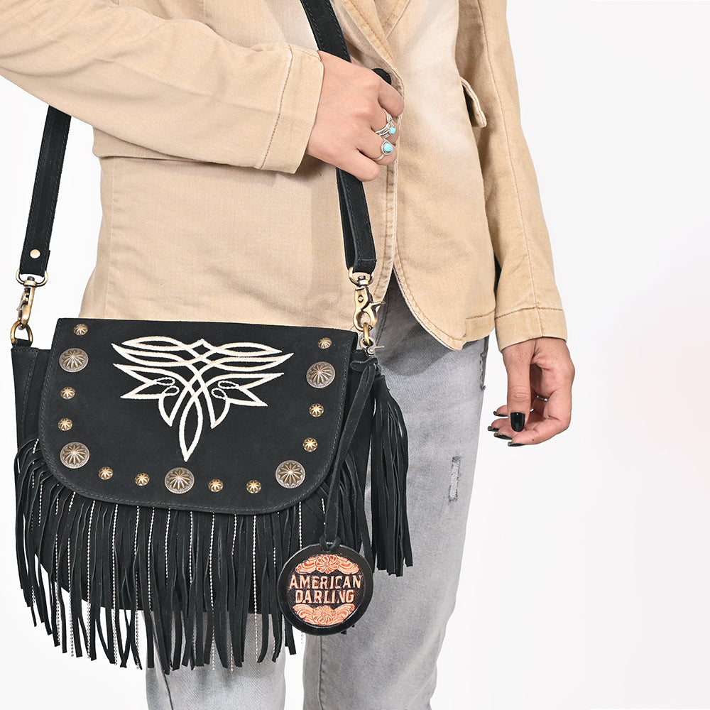American Darling Genuine Suede Leather Cross body Bag - Fringe, Embroidery &amp; Concho Eco-Friendly Vegetable Tanned Purse