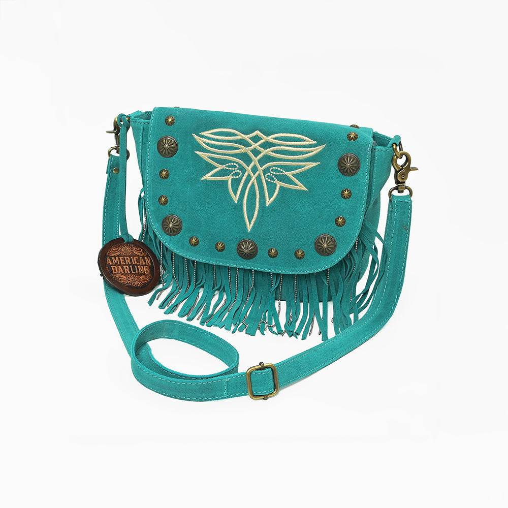 American Darling Genuine Suede Leather Cross body Bag - Fringe, Embroidery &amp; Concho Eco-Friendly Vegetable Tanned Purse