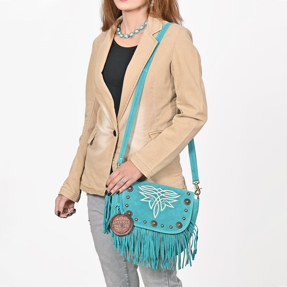 American Darling Genuine Suede Leather Cross body Bag - Fringe, Embroidery &amp; Concho Eco-Friendly Vegetable Tanned Purse