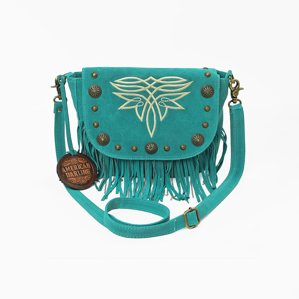 American Darling Genuine Suede Leather Cross body Bag - Fringe, Embroidery &amp; Concho Eco-Friendly Vegetable Tanned Purse