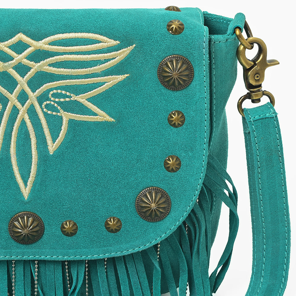 American Darling Genuine Suede Leather Cross body Bag - Fringe, Embroidery &amp; Concho Eco-Friendly Vegetable Tanned Purse