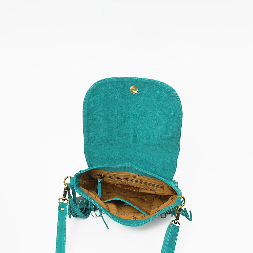 American Darling Genuine Suede Leather Cross body Bag - Fringe, Embroidery &amp; Concho Eco-Friendly Vegetable Tanned Purse
